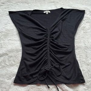 Max Studio Black Ruched Front Cap Sleeve Top | Adjustable Drawstring Blouse